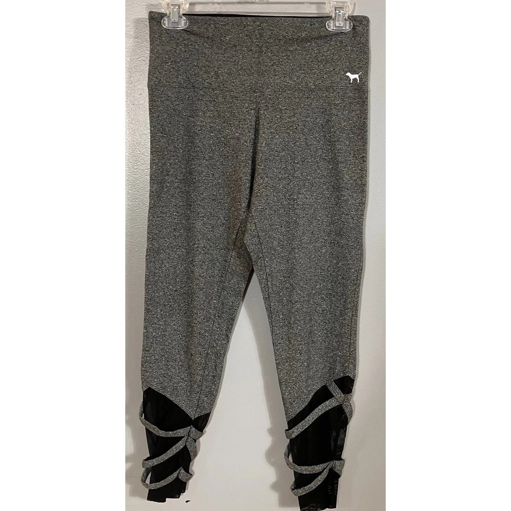 Victoria's Secret PINK Yoga Leggings Women's M Gray Mesh Strap Capri Activewear